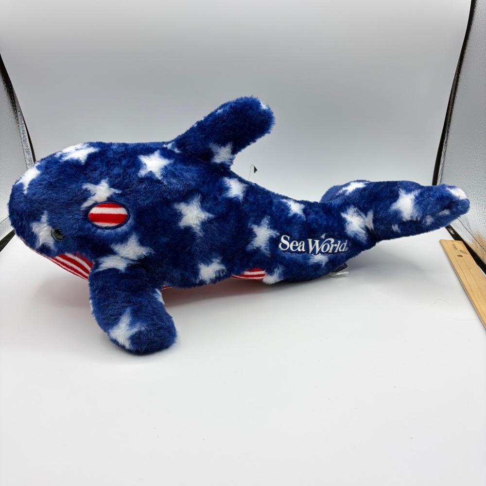 SeaWorld Star Spangled Shamu Whale Plush Red Stripes Patriotic 17" Vintage